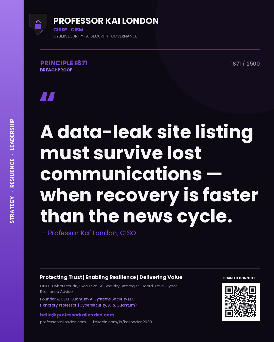 Professor Kai London principle 1871: A data-leak site listing must survive lost communications — when recovery is faster than the news cycle.
