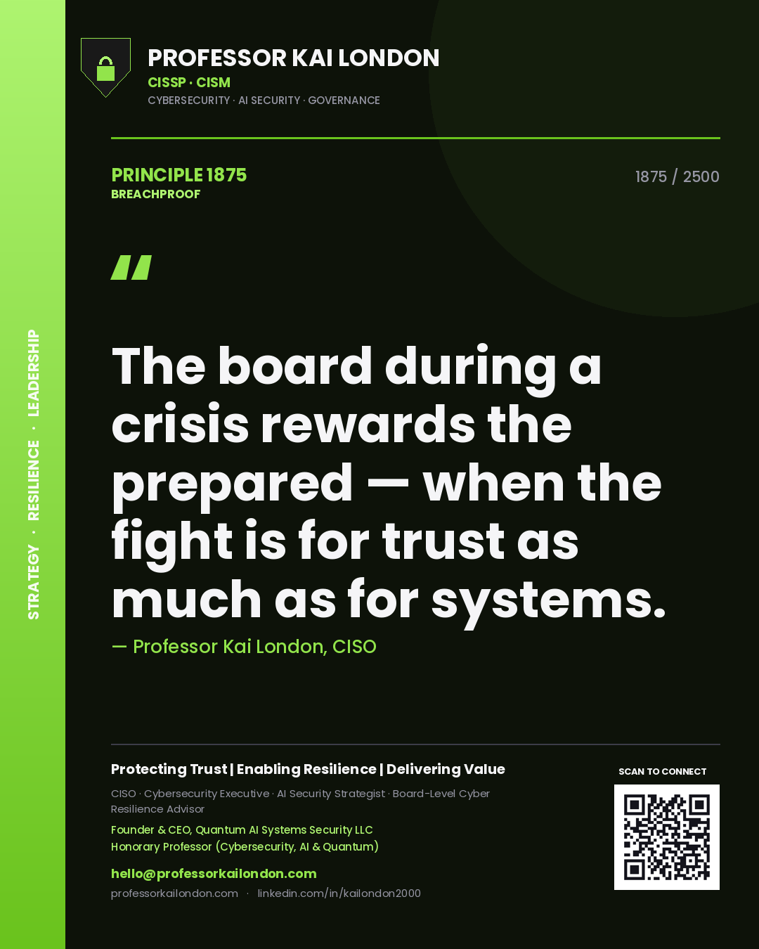 Professor Kai London principle 1875: The board during a crisis rewards the prepared — when the fight is for trust as much as for systems.