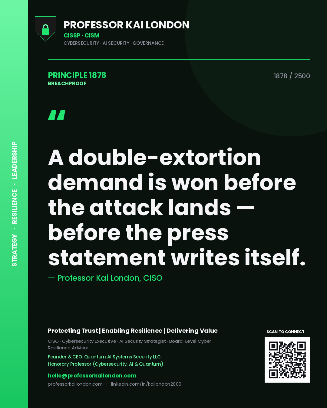 Professor Kai London principle 1878: A double-extortion demand is won before the attack lands — before the press statement writes itself.