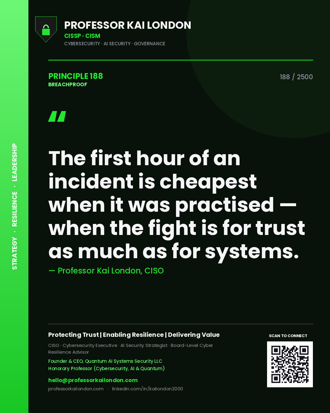Professor Kai London principle 188: The first hour of an incident is cheapest when it was practised — when the fight is for trust as much as for systems.