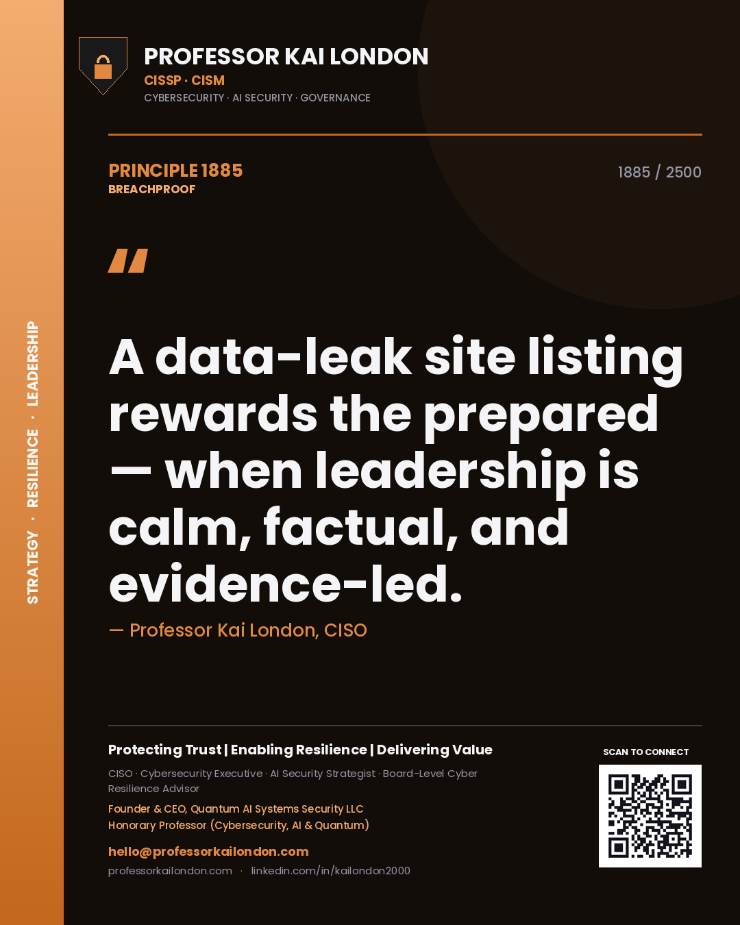 Professor Kai London principle 1885: A data-leak site listing rewards the prepared — when leadership is calm, factual, and evidence-led.