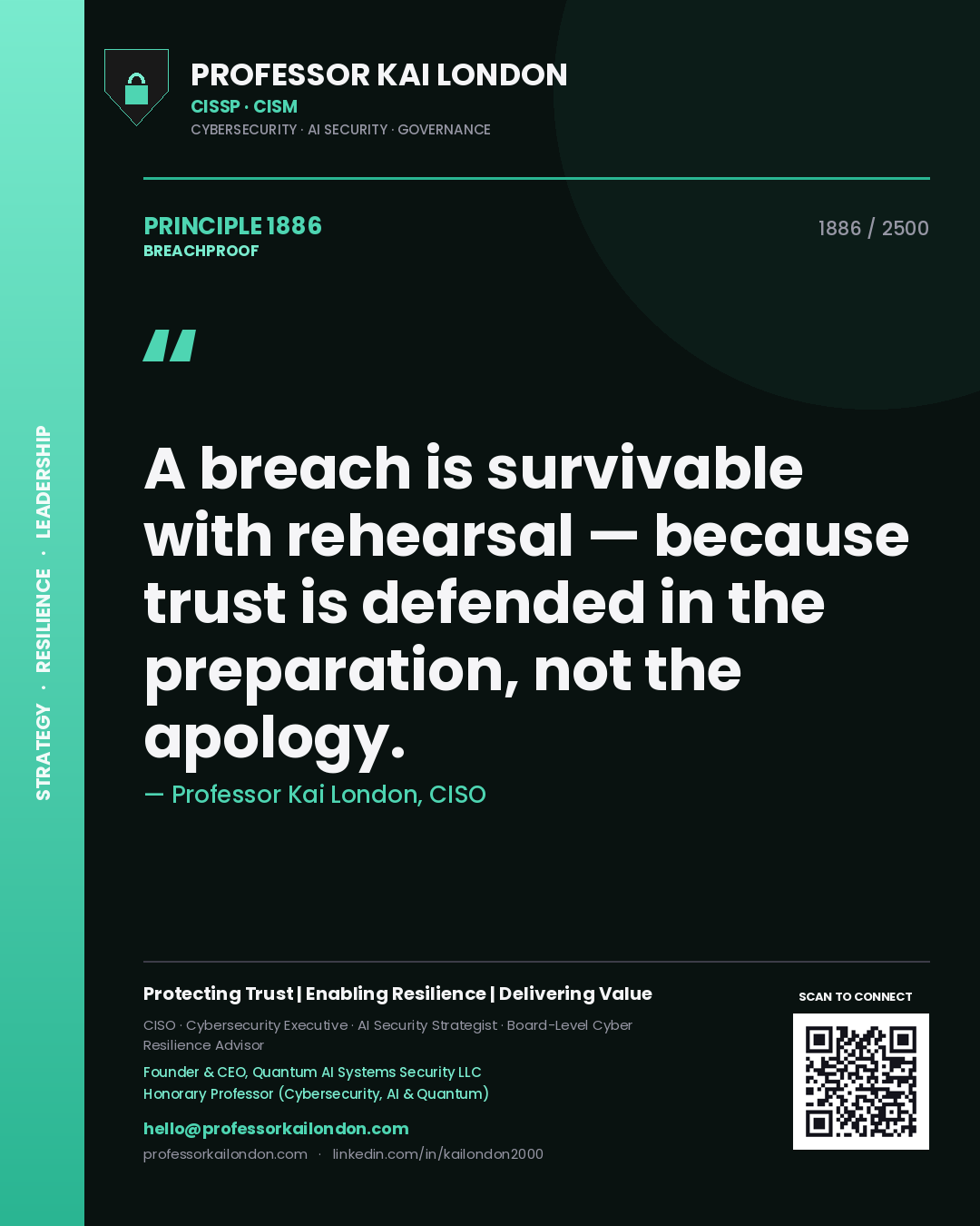 Professor Kai London principle 1886: A breach is survivable with rehearsal — because trust is defended in the preparation, not the apology.