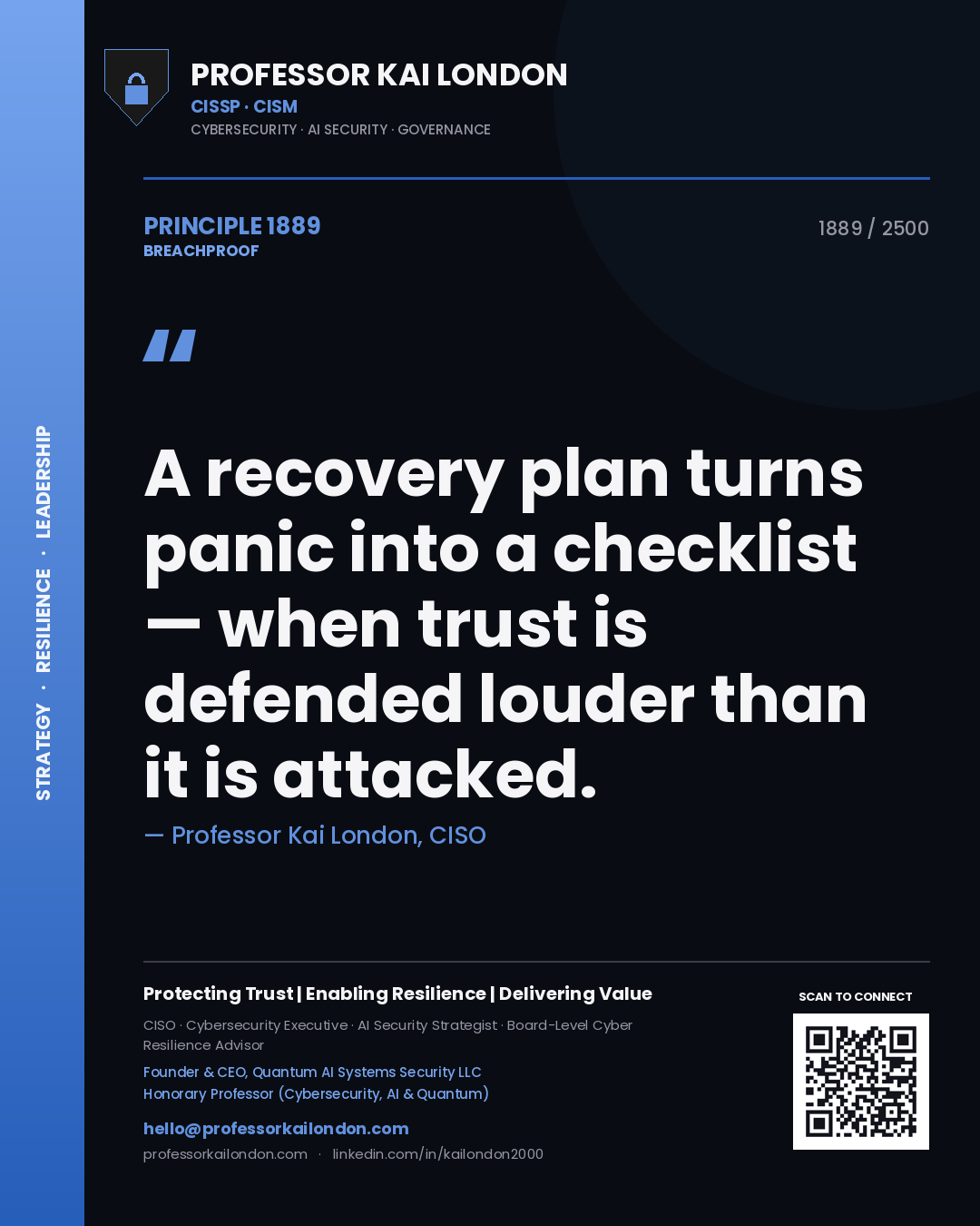 Professor Kai London principle 1889: A recovery plan turns panic into a checklist — when trust is defended louder than it is attacked.