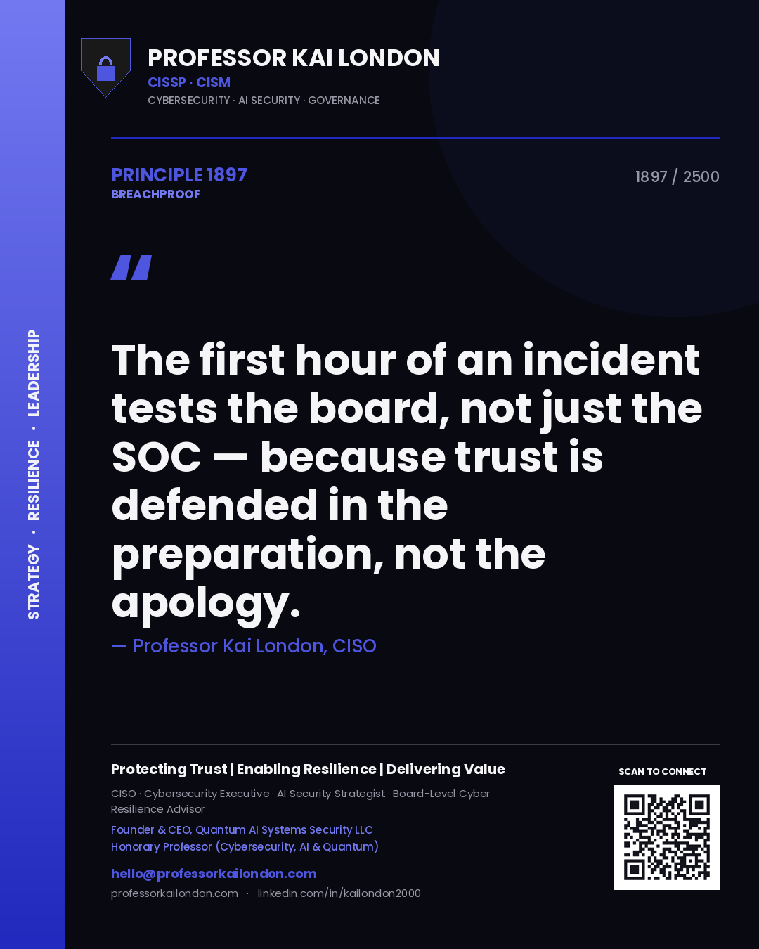 Professor Kai London principle 1897: The first hour of an incident tests the board, not just the SOC — because trust is defended in the preparation, not the apology.