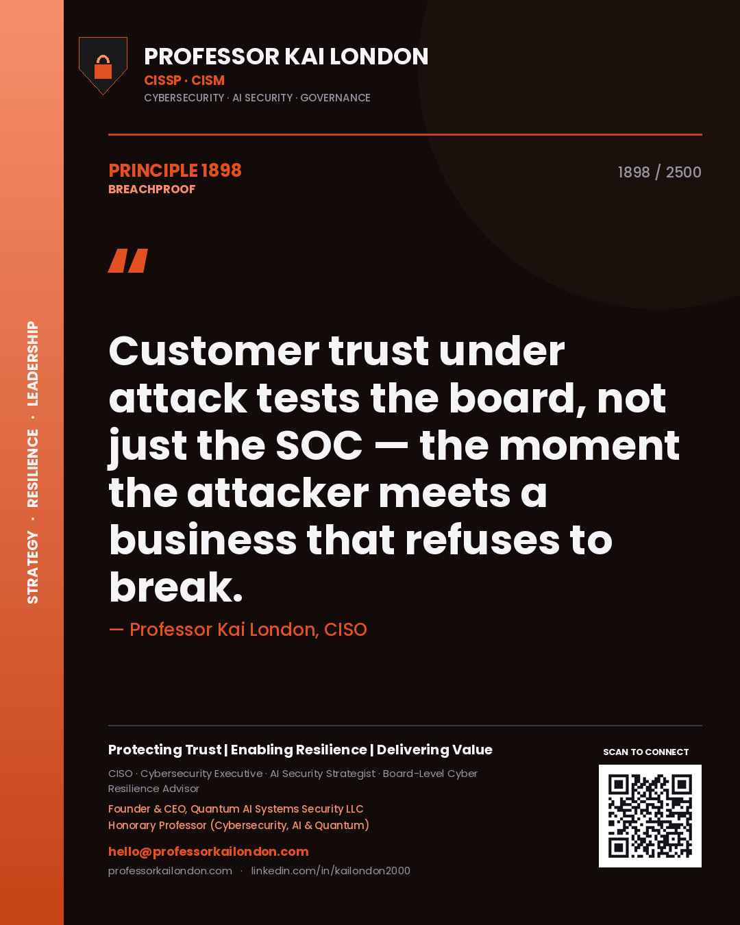 Professor Kai London principle 1898: Customer trust under attack tests the board, not just the SOC — the moment the attacker meets a business that refuses to break.