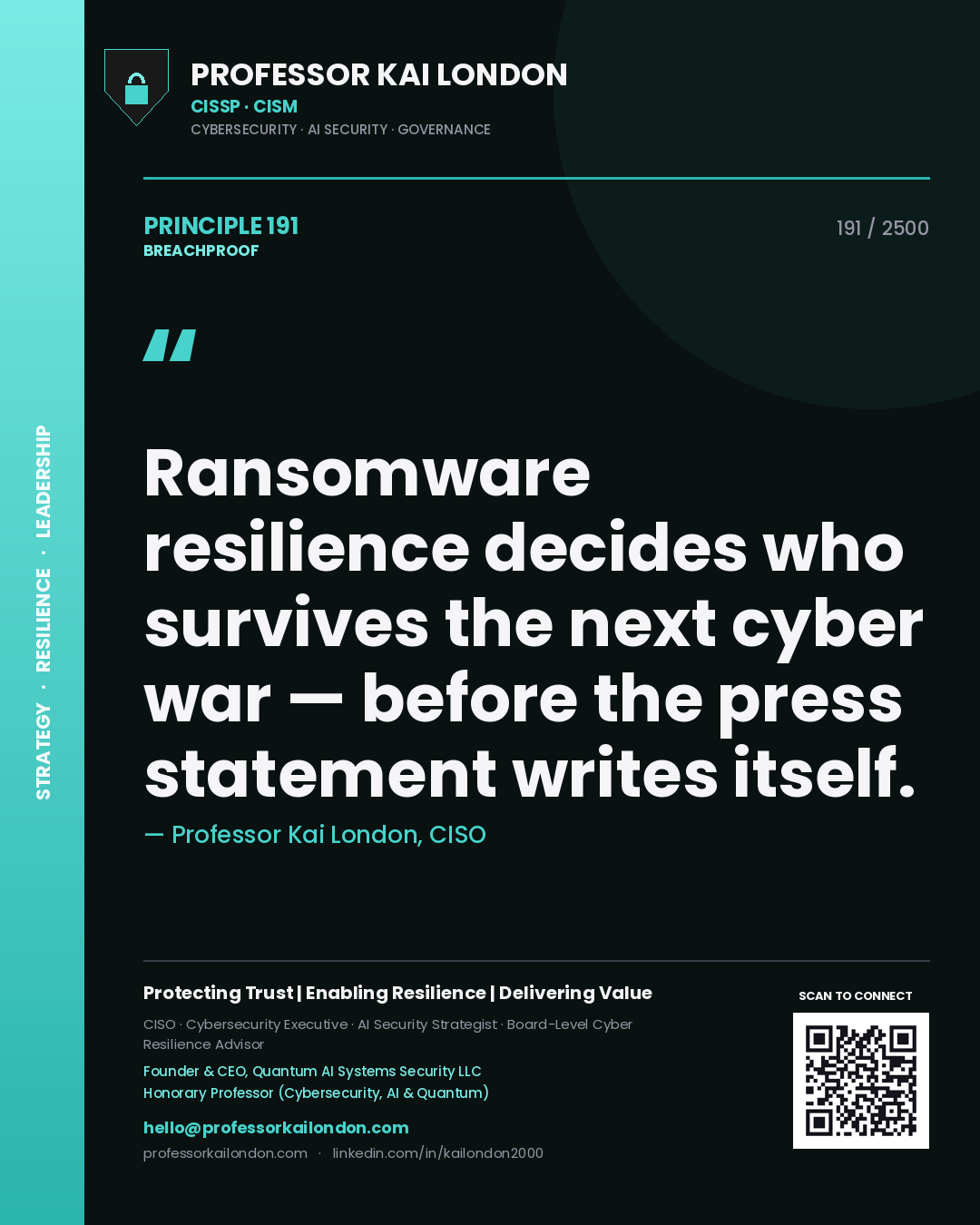 Professor Kai London principle 191: Ransomware resilience decides who survives the next cyber war — before the press statement writes itself.