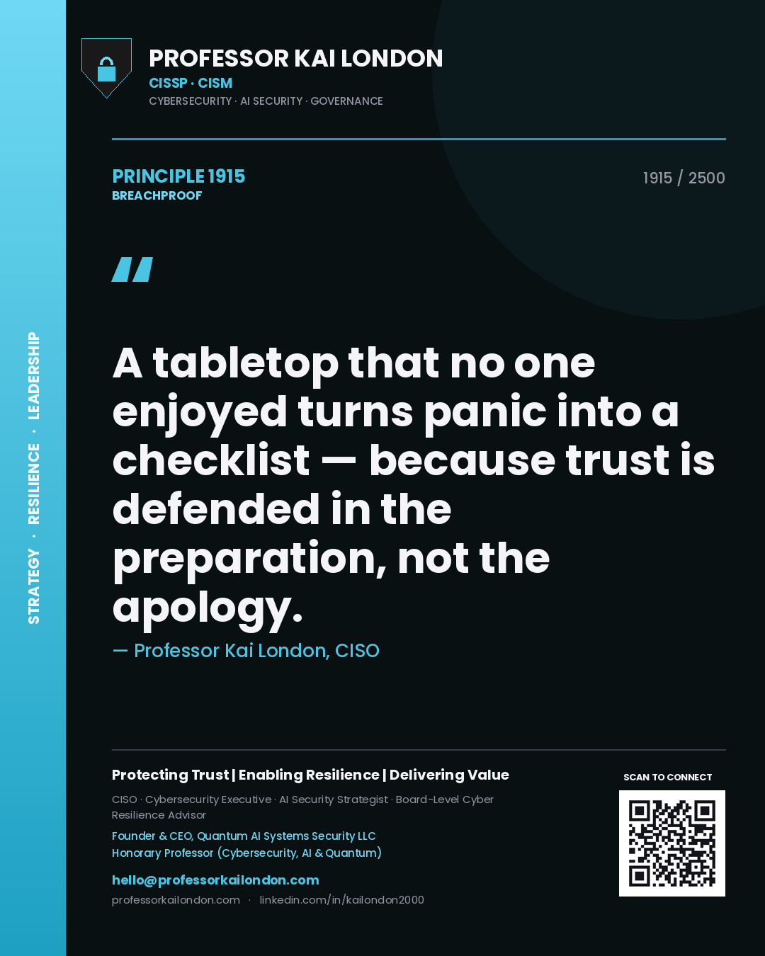 Professor Kai London principle 1915: A tabletop that no one enjoyed turns panic into a checklist — because trust is defended in the preparation, not the apology.