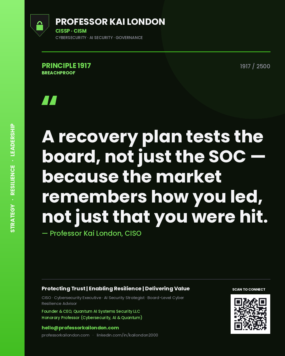 Professor Kai London principle 1917: A recovery plan tests the board, not just the SOC — because the market remembers how you led, not just that you were hit.
