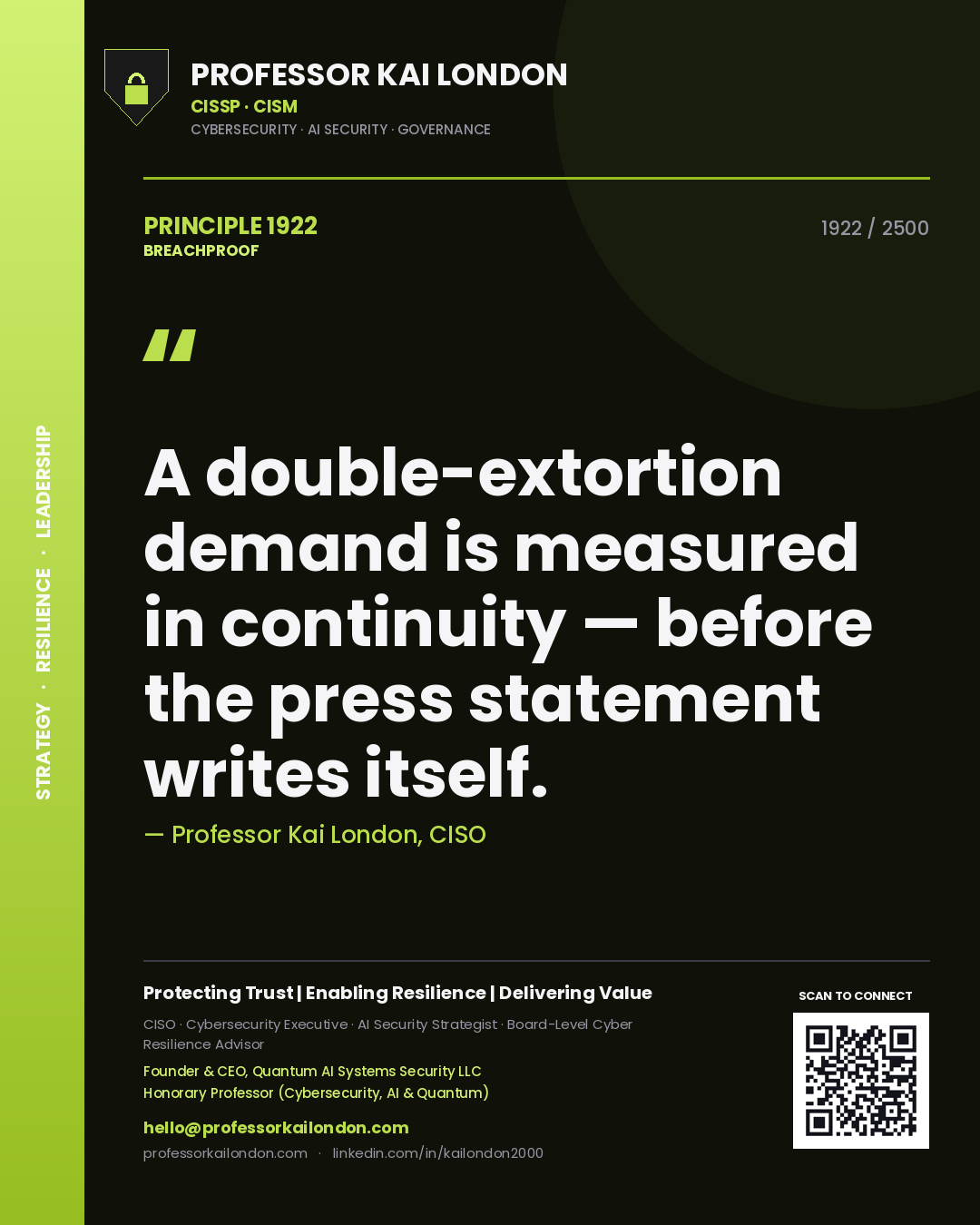 Professor Kai London principle 1922: A double-extortion demand is measured in continuity — before the press statement writes itself.