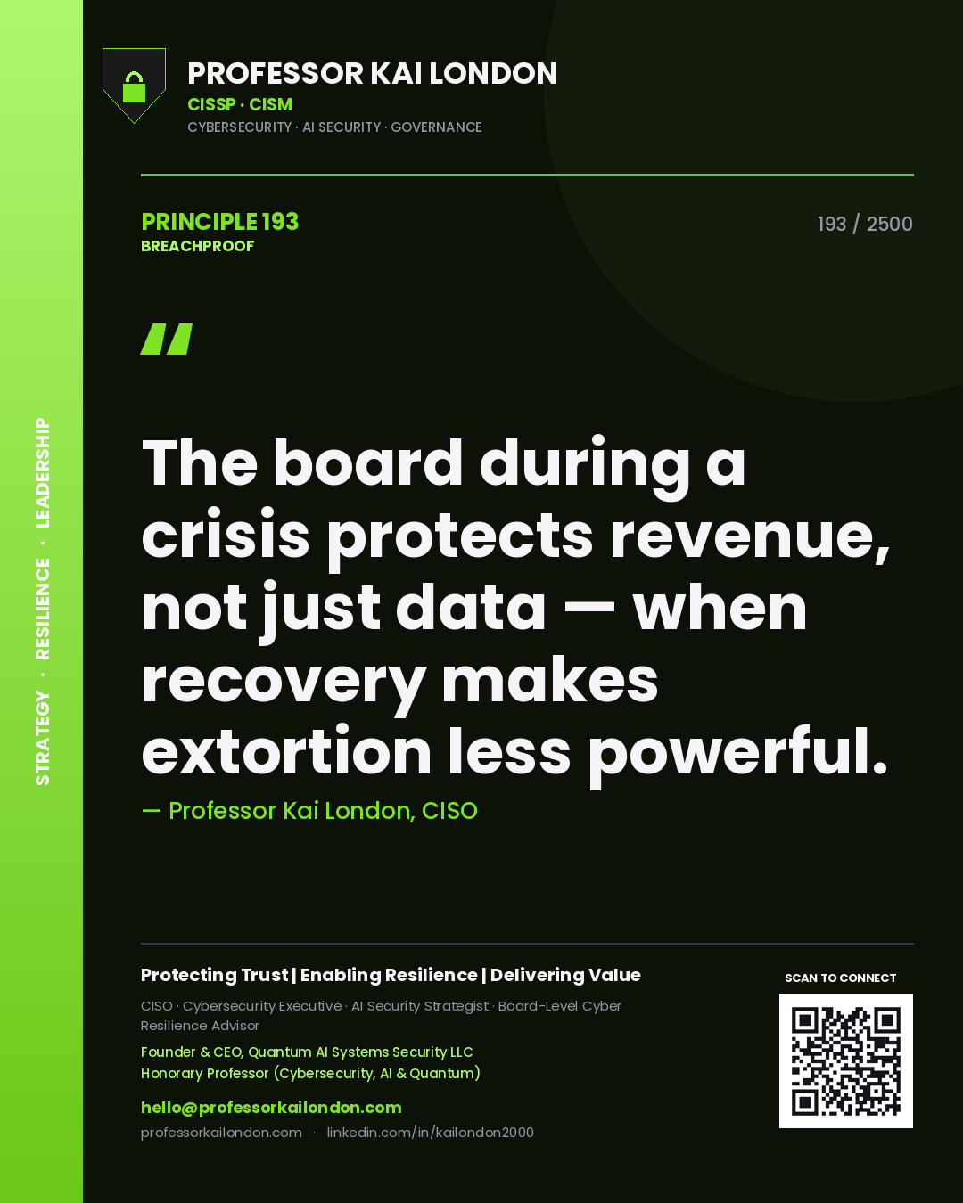 Professor Kai London principle 193: The board during a crisis protects revenue, not just data — when recovery makes extortion less powerful.