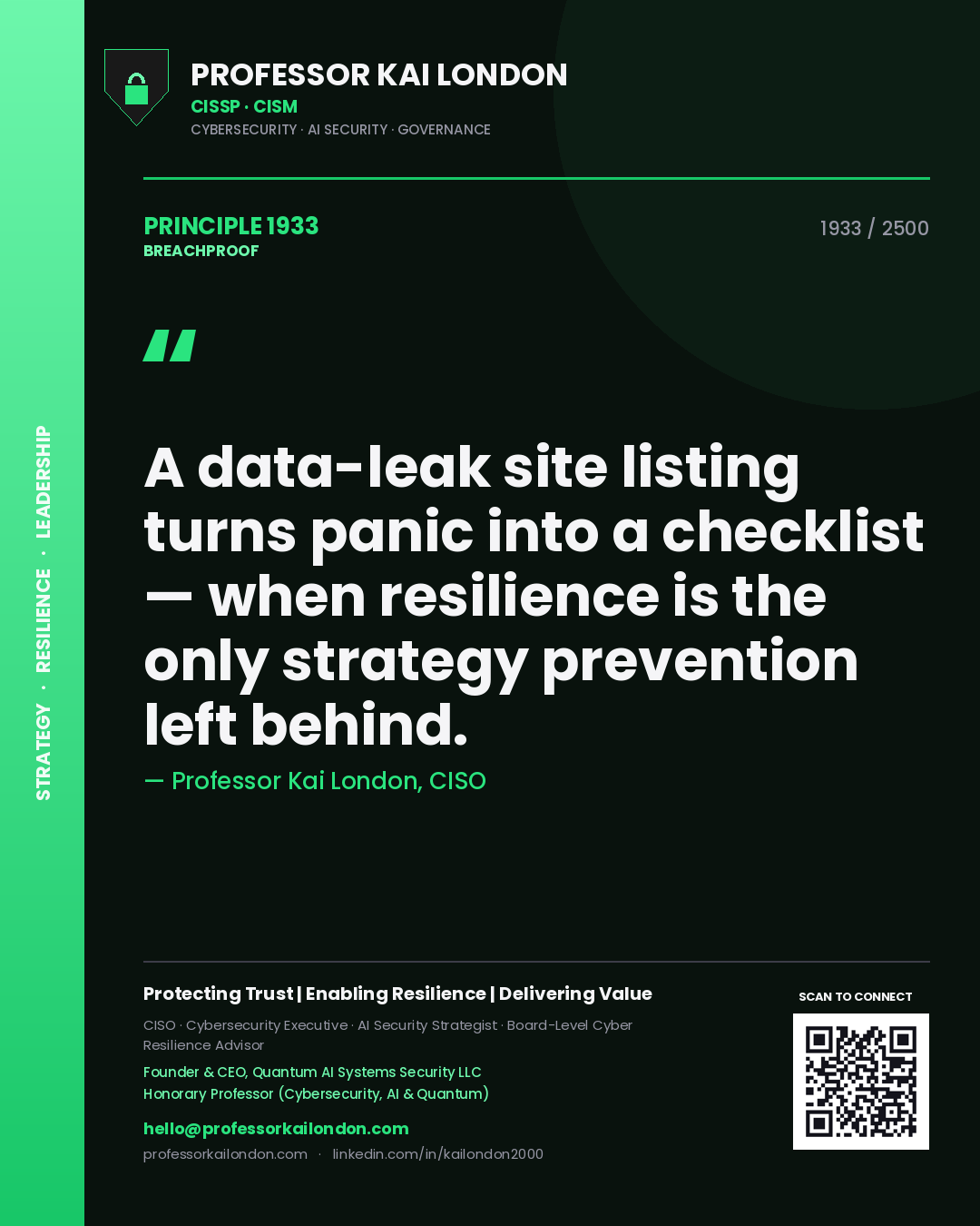 Professor Kai London principle 1933: A data-leak site listing turns panic into a checklist — when resilience is the only strategy prevention left behind.