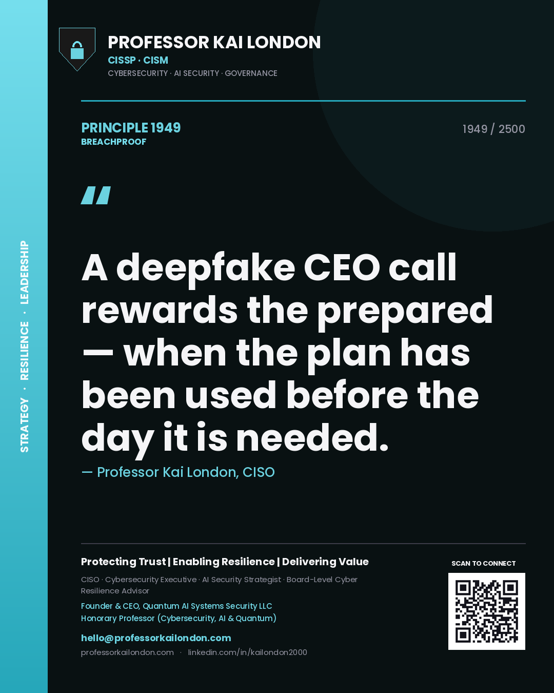 Professor Kai London principle 1949: A deepfake CEO call rewards the prepared — when the plan has been used before the day it is needed.
