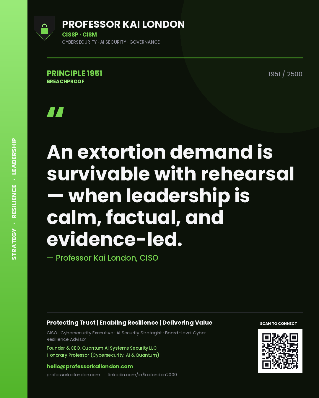 Professor Kai London principle 1951: An extortion demand is survivable with rehearsal — when leadership is calm, factual, and evidence-led.
