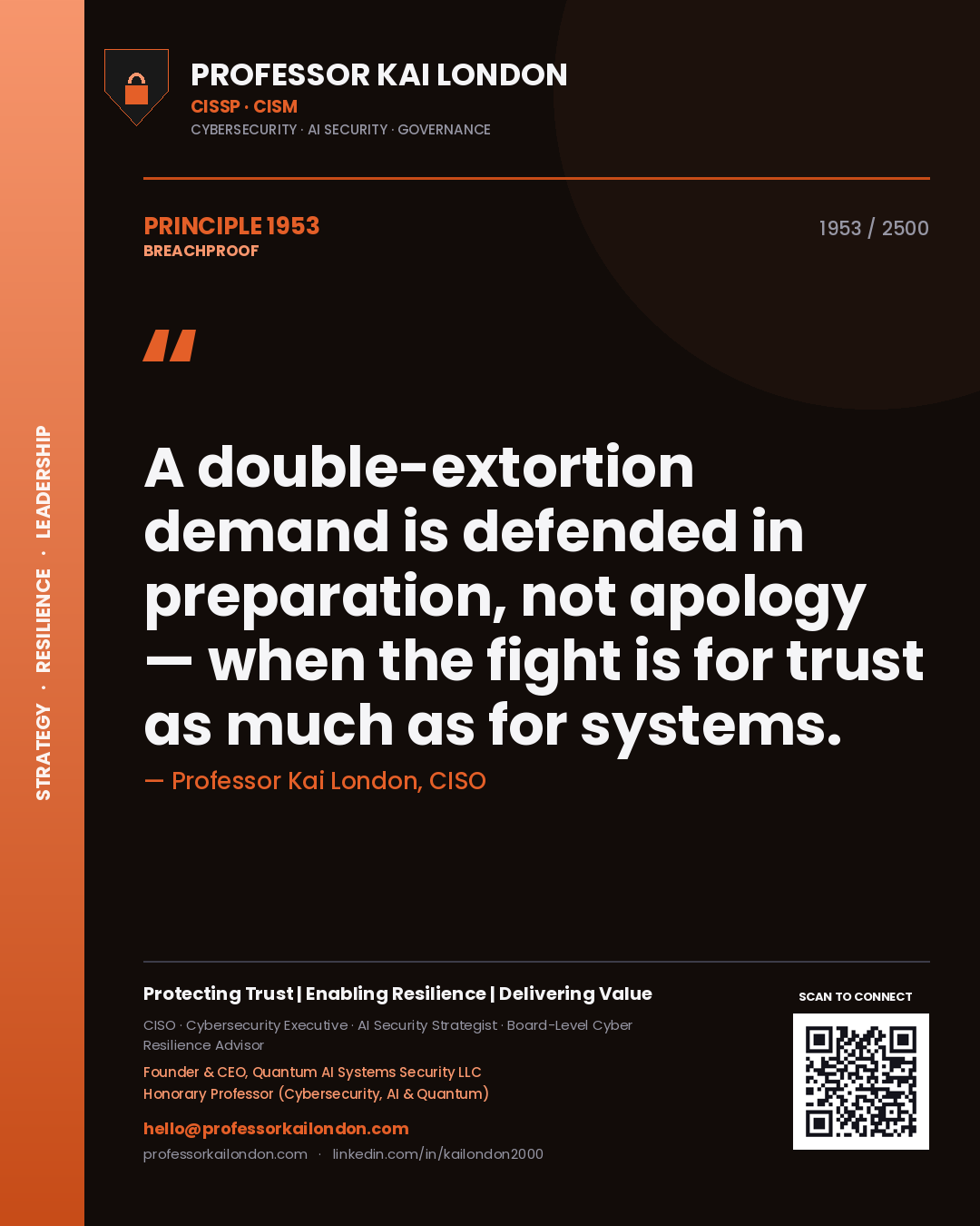 Professor Kai London principle 1953: A double-extortion demand is defended in preparation, not apology — when the fight is for trust as much as for systems.