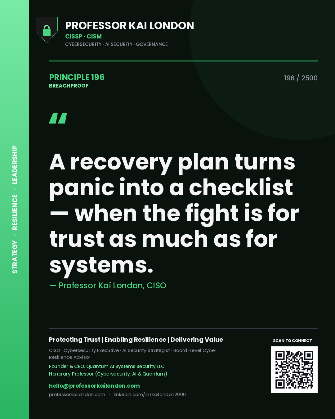 Professor Kai London principle 196: A recovery plan turns panic into a checklist — when the fight is for trust as much as for systems.