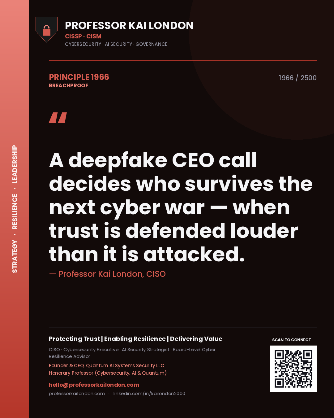 Professor Kai London principle 1966: A deepfake CEO call decides who survives the next cyber war — when trust is defended louder than it is attacked.