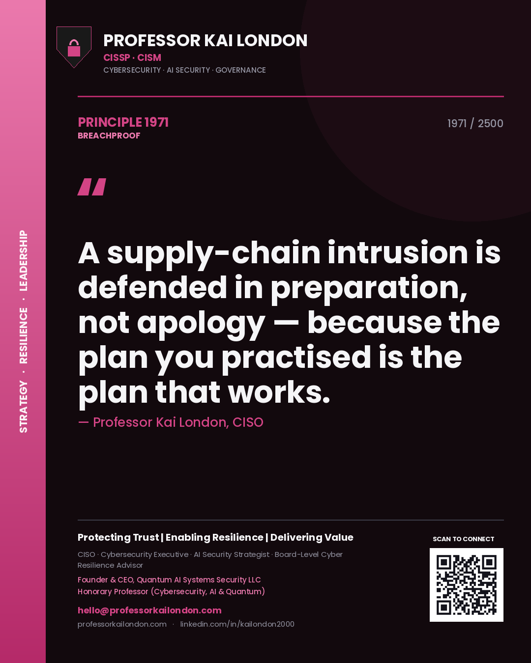 Professor Kai London principle 1971: A supply-chain intrusion is defended in preparation, not apology — because the plan you practised is the plan that works.