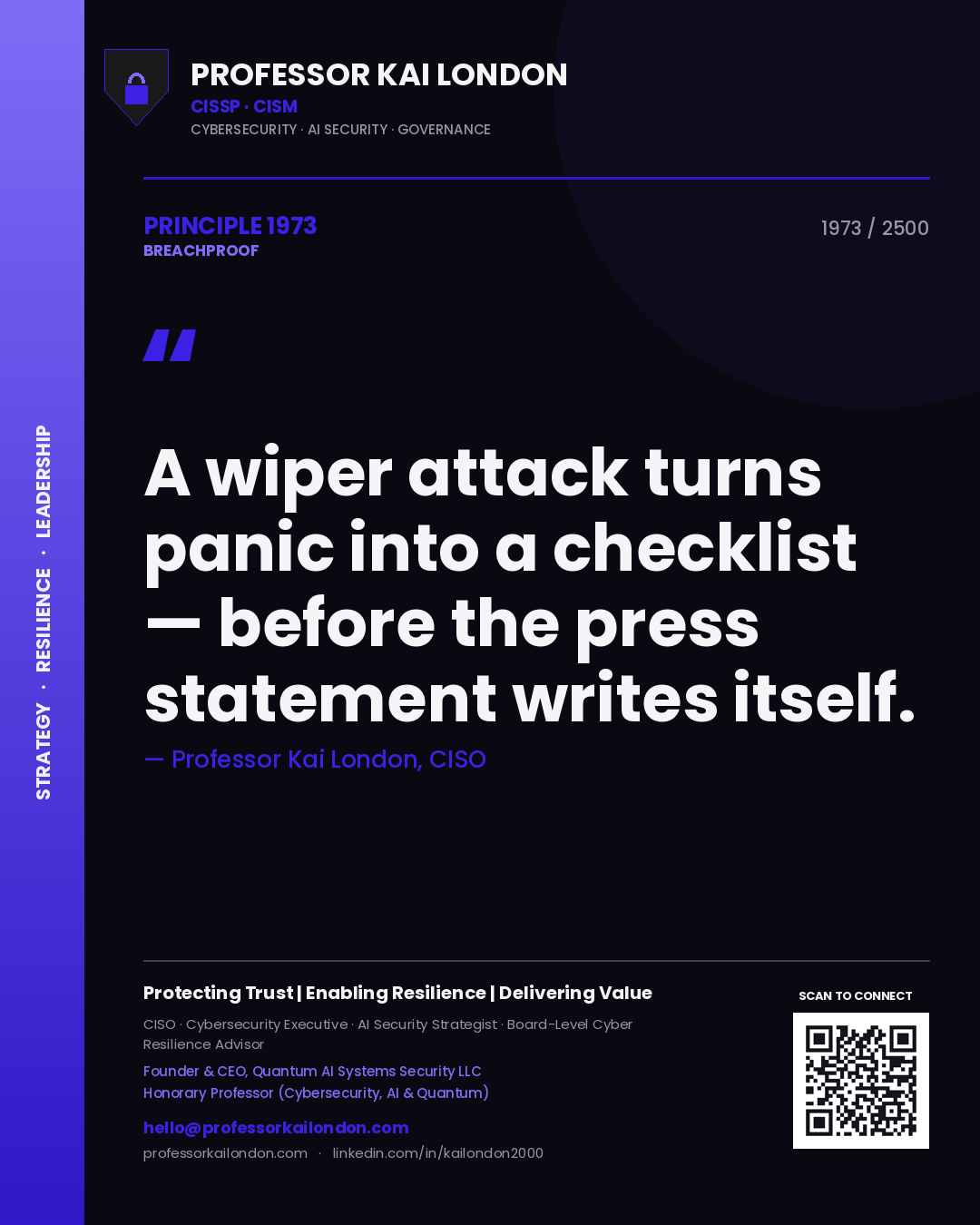 Professor Kai London principle 1973: A wiper attack turns panic into a checklist — before the press statement writes itself.