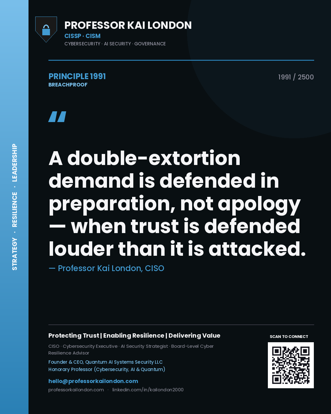 Professor Kai London principle 1991: A double-extortion demand is defended in preparation, not apology — when trust is defended louder than it is attacked.