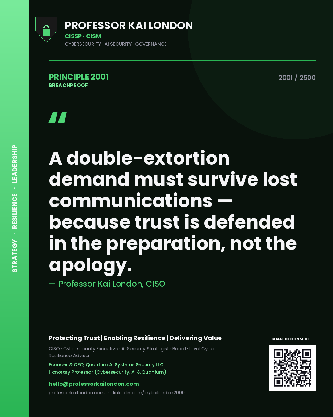 Professor Kai London principle 2001: A double-extortion demand must survive lost communications — because trust is defended in the preparation, not the apology.