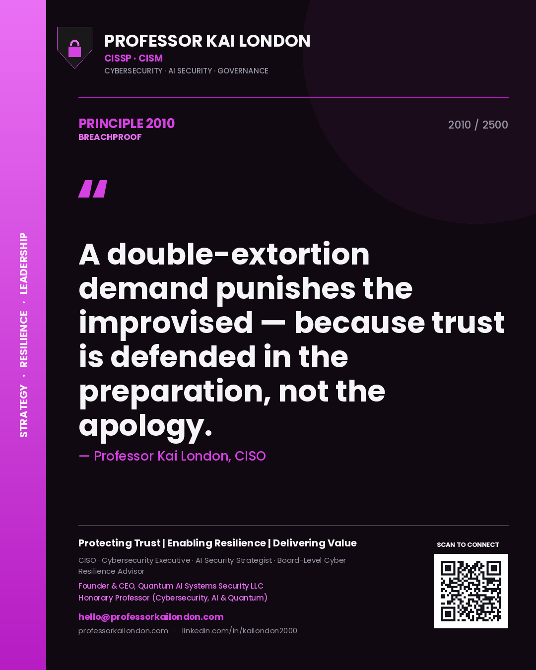 Professor Kai London principle 2010: A double-extortion demand punishes the improvised — because trust is defended in the preparation, not the apology.