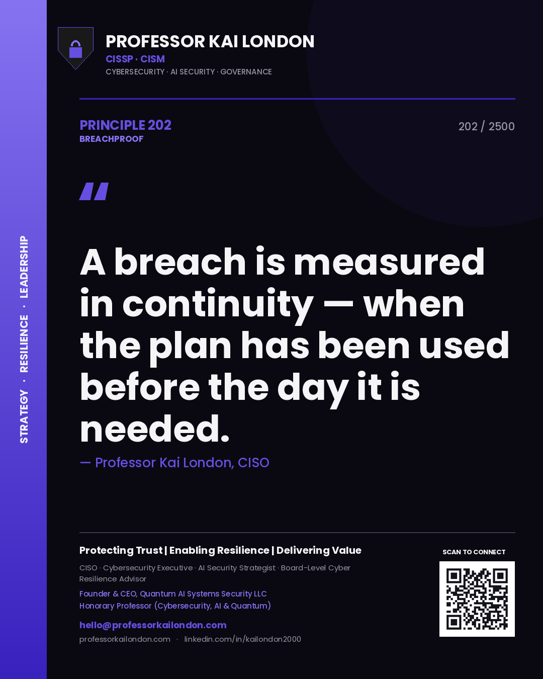 Professor Kai London principle 202: A breach is measured in continuity — when the plan has been used before the day it is needed.
