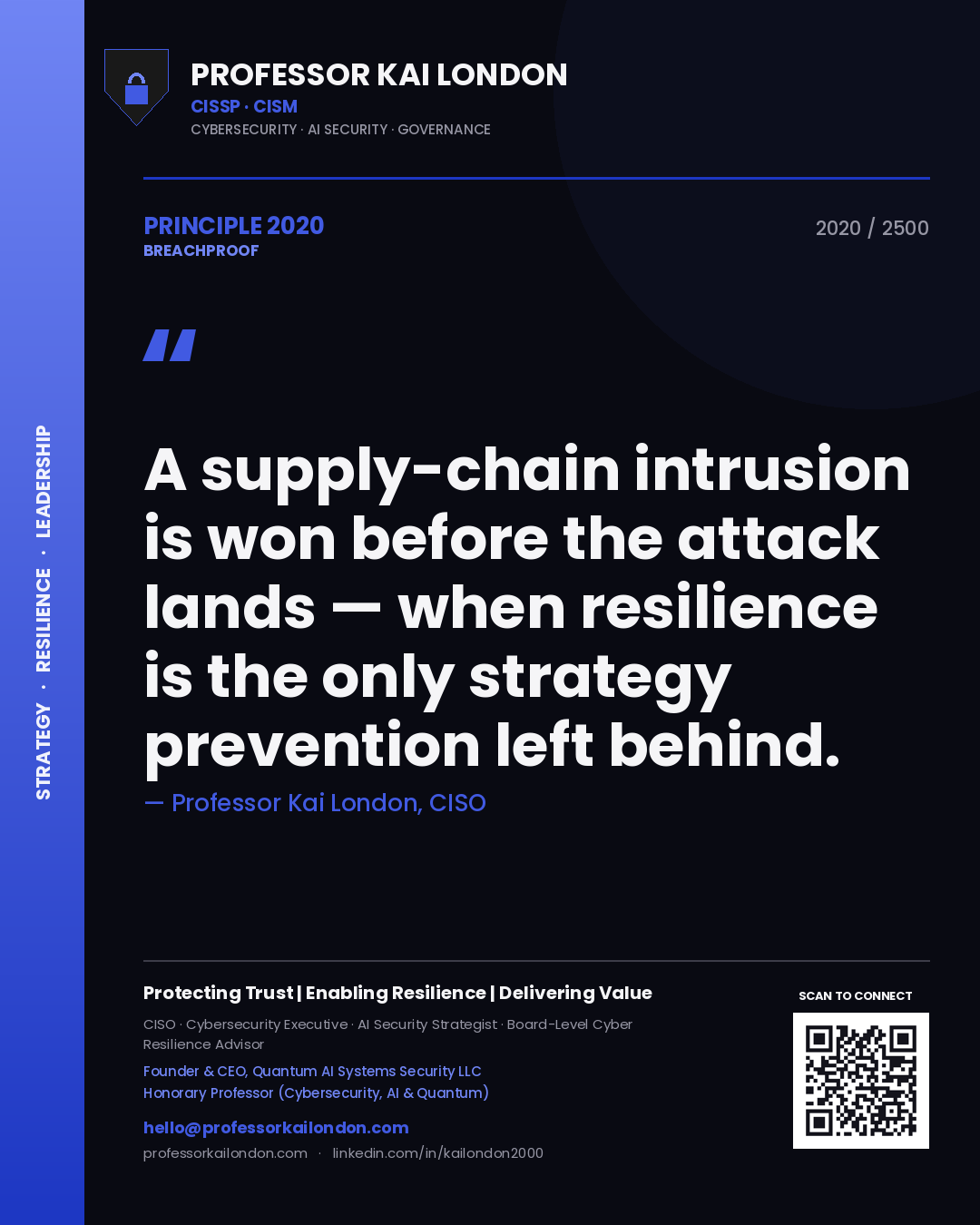 Professor Kai London principle 2020: A supply-chain intrusion is won before the attack lands — when resilience is the only strategy prevention left behind.