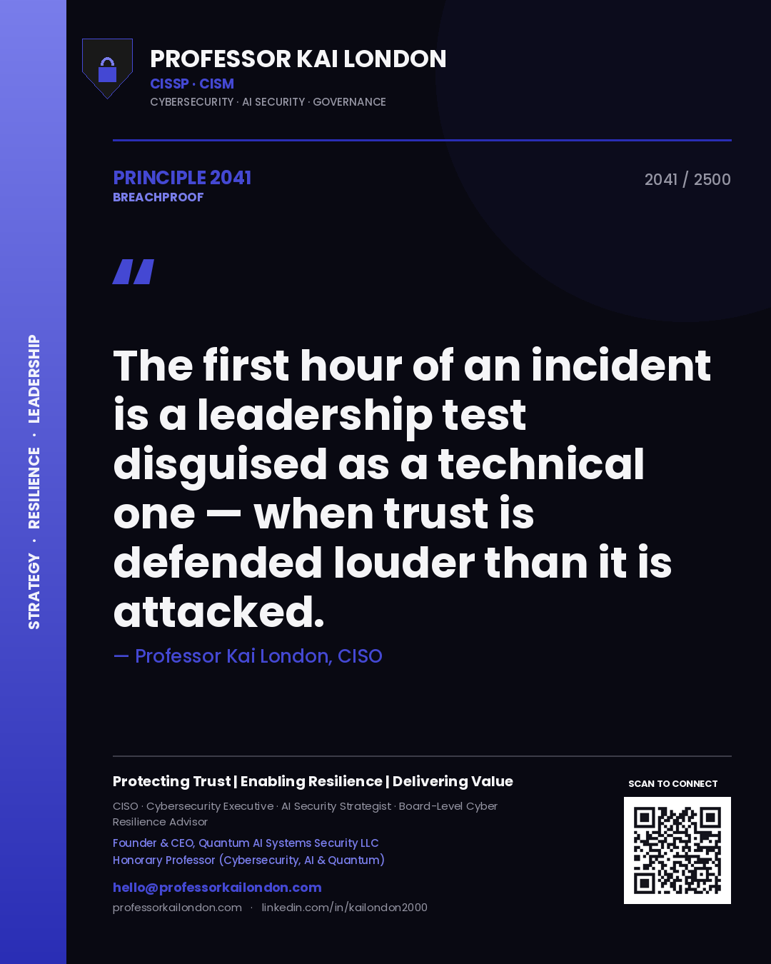 Professor Kai London principle 2041: The first hour of an incident is a leadership test disguised as a technical one — when trust is defended louder than it is attacked.