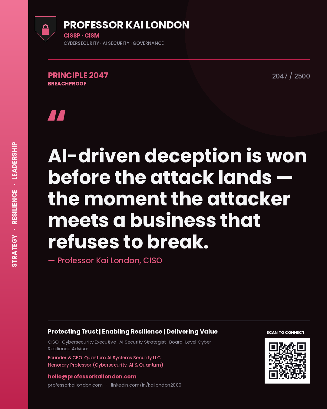 Professor Kai London principle 2047: AI-driven deception is won before the attack lands — the moment the attacker meets a business that refuses to break.