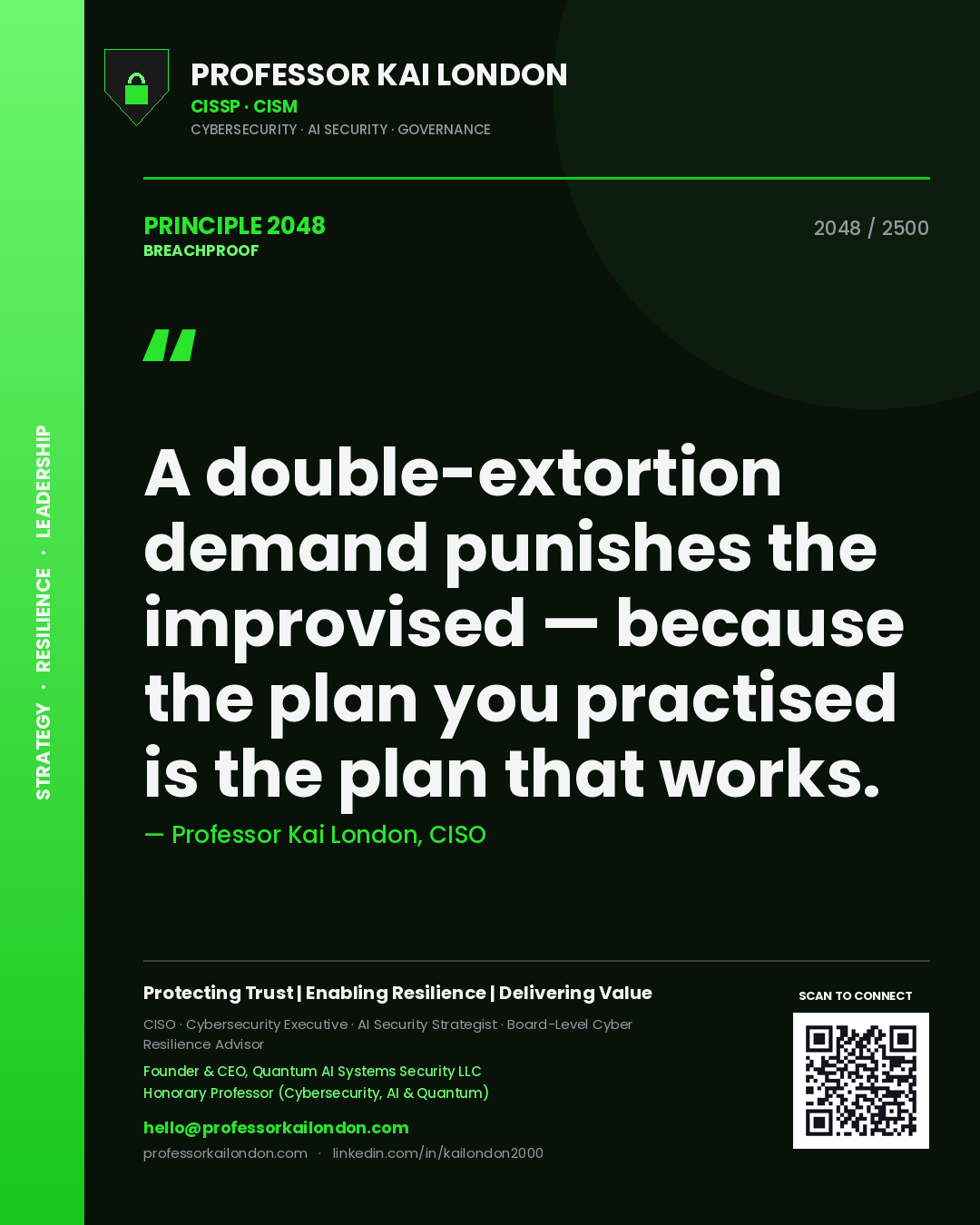 Professor Kai London principle 2048: A double-extortion demand punishes the improvised — because the plan you practised is the plan that works.