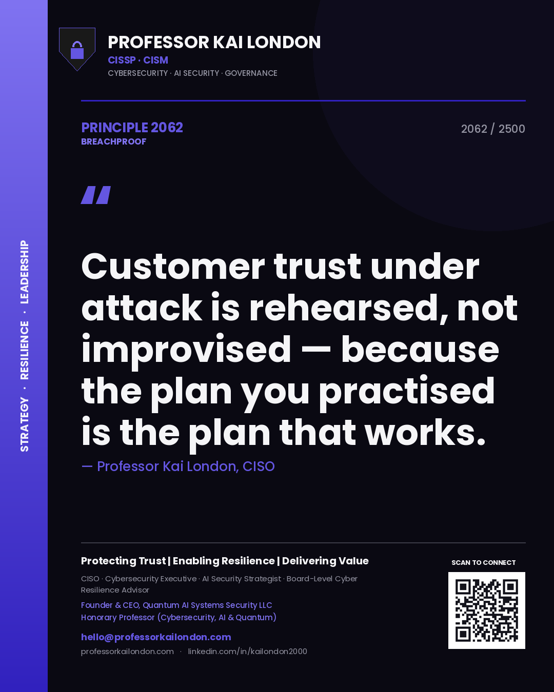 Professor Kai London principle 2062: Customer trust under attack is rehearsed, not improvised — because the plan you practised is the plan that works.