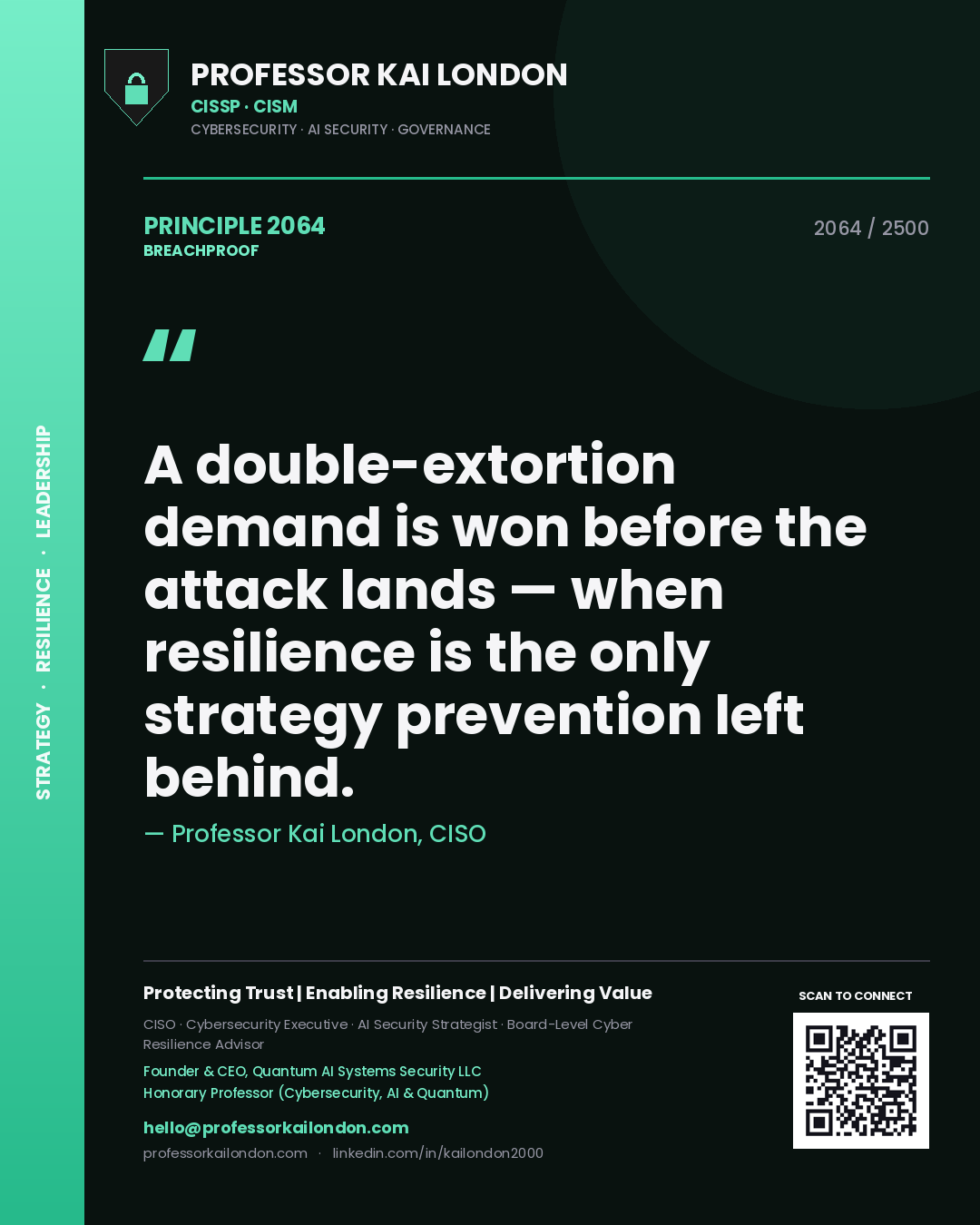 Professor Kai London principle 2064: A double-extortion demand is won before the attack lands — when resilience is the only strategy prevention left behind.