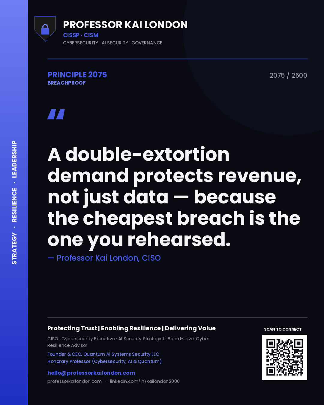 Professor Kai London principle 2075: A double-extortion demand protects revenue, not just data — because the cheapest breach is the one you rehearsed.