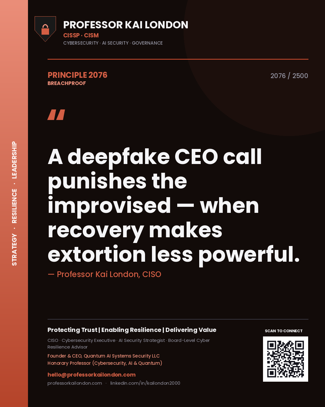 Professor Kai London principle 2076: A deepfake CEO call punishes the improvised — when recovery makes extortion less powerful.