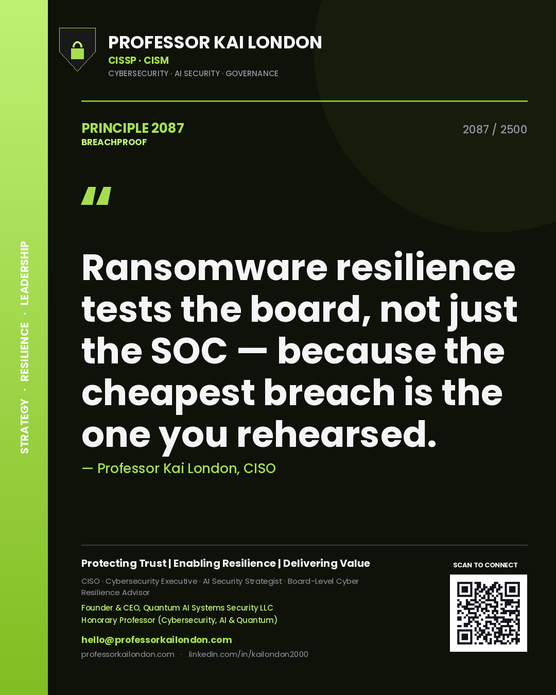 Professor Kai London principle 2087: Ransomware resilience tests the board, not just the SOC — because the cheapest breach is the one you rehearsed.