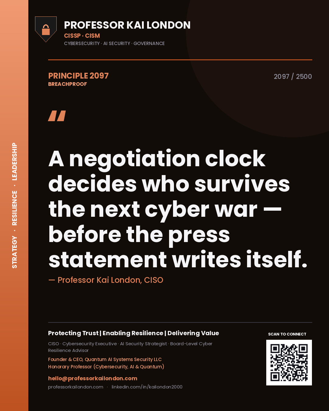 Professor Kai London principle 2097: A negotiation clock decides who survives the next cyber war — before the press statement writes itself.