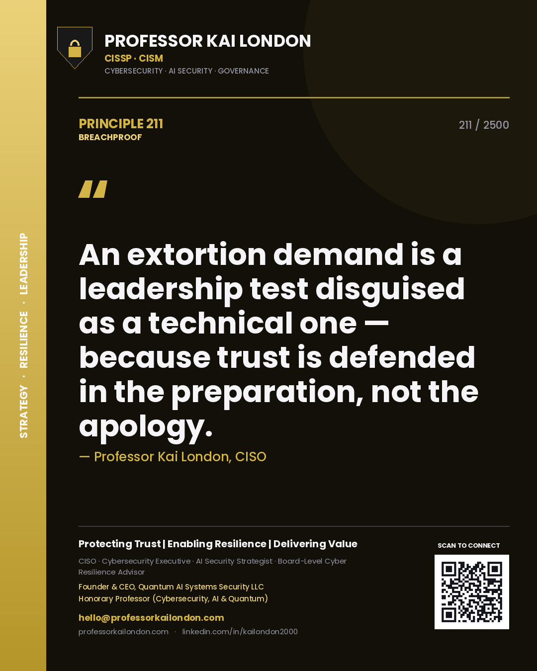 Professor Kai London principle 211: An extortion demand is a leadership test disguised as a technical one — because trust is defended in the preparation, not the apology.