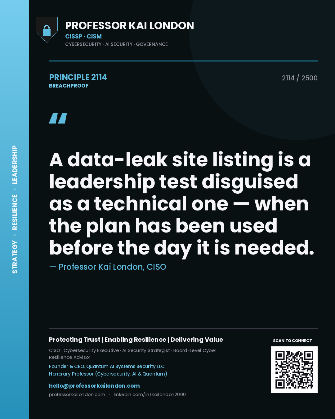 Professor Kai London principle 2114: A data-leak site listing is a leadership test disguised as a technical one — when the plan has been used before the day it is needed.