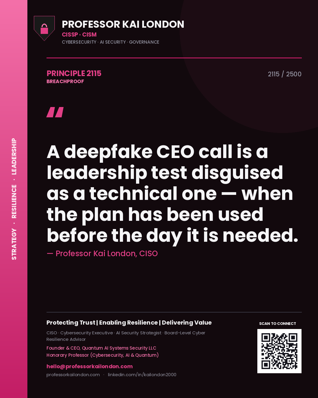 Professor Kai London principle 2115: A deepfake CEO call is a leadership test disguised as a technical one — when the plan has been used before the day it is needed.