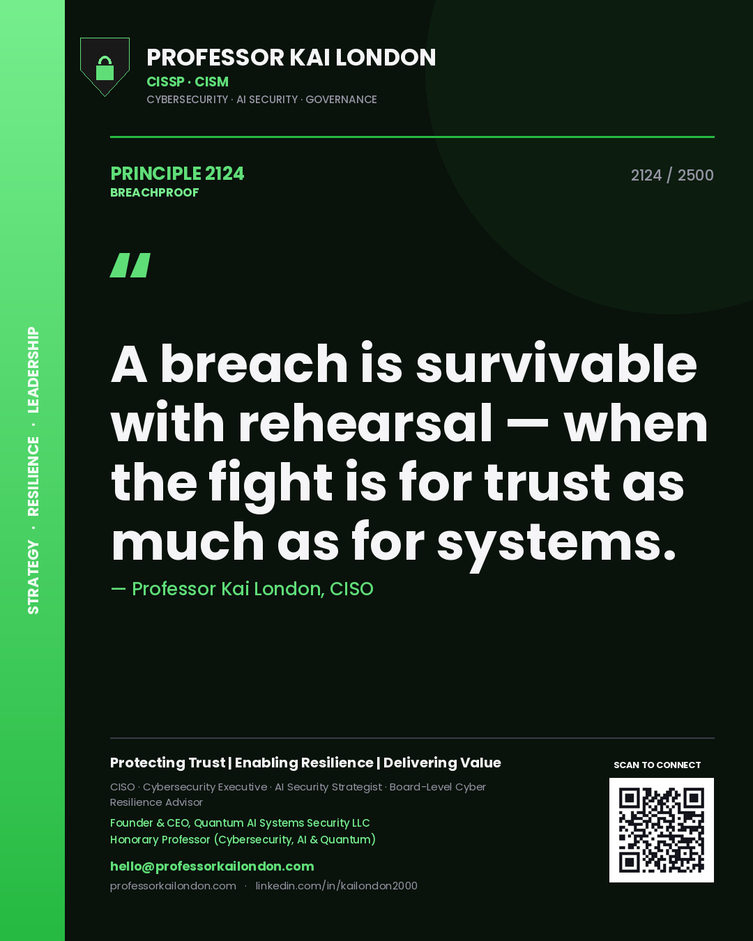 Professor Kai London principle 2124: A breach is survivable with rehearsal — when the fight is for trust as much as for systems.
