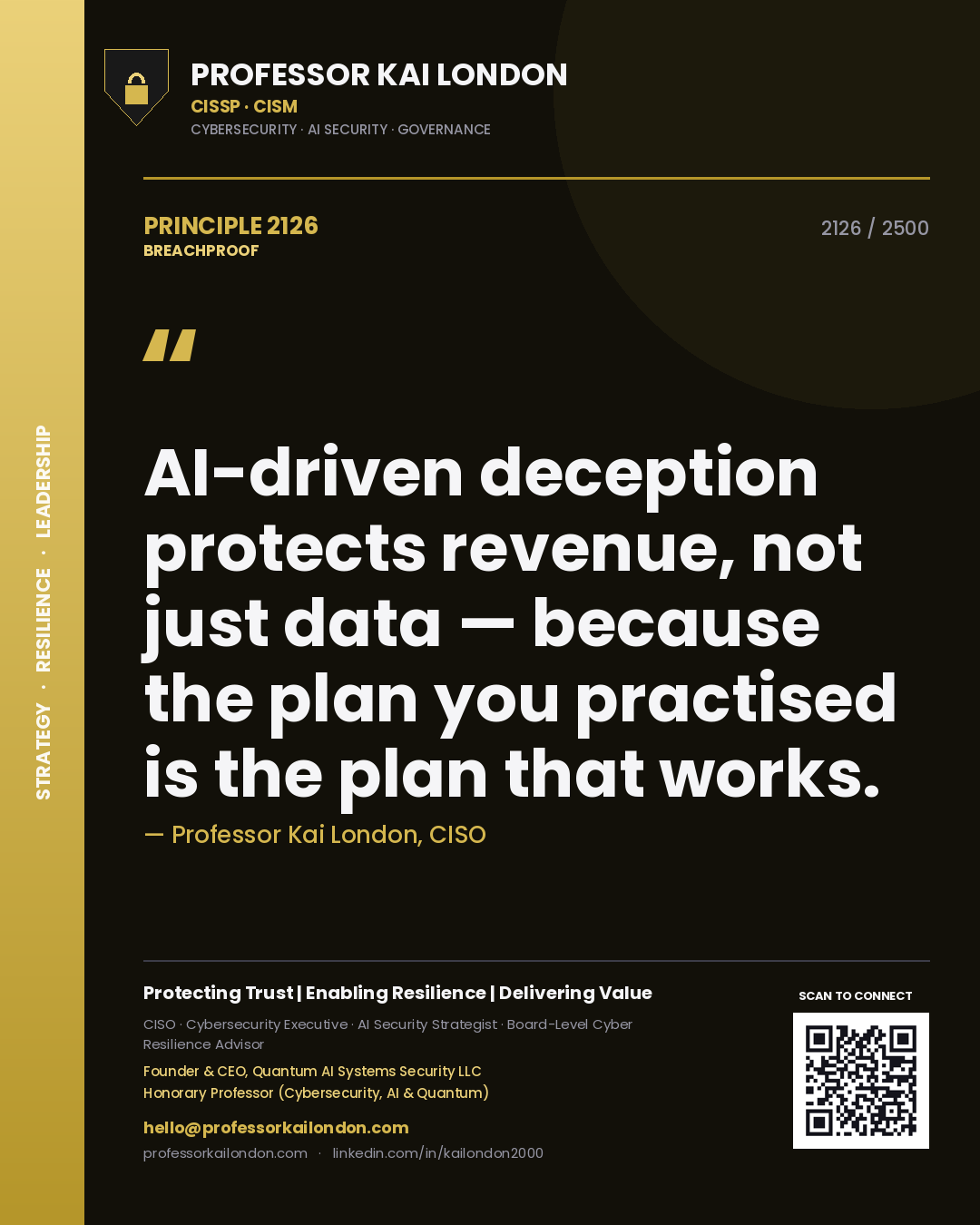 Professor Kai London principle 2126: AI-driven deception protects revenue, not just data — because the plan you practised is the plan that works.