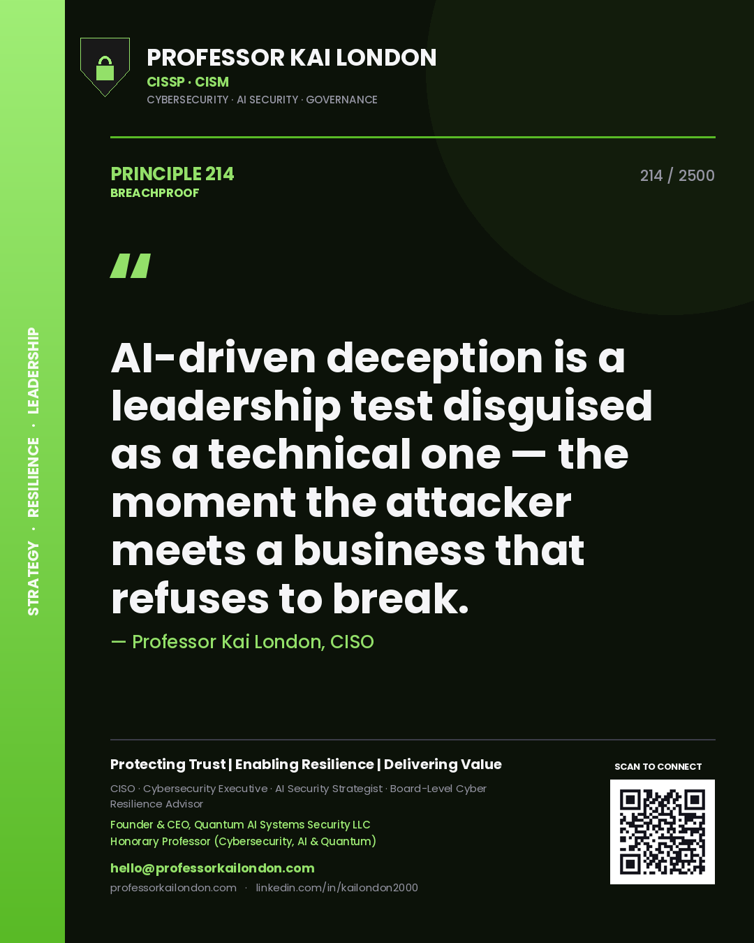 Professor Kai London principle 214: AI-driven deception is a leadership test disguised as a technical one — the moment the attacker meets a business that refuses to break.