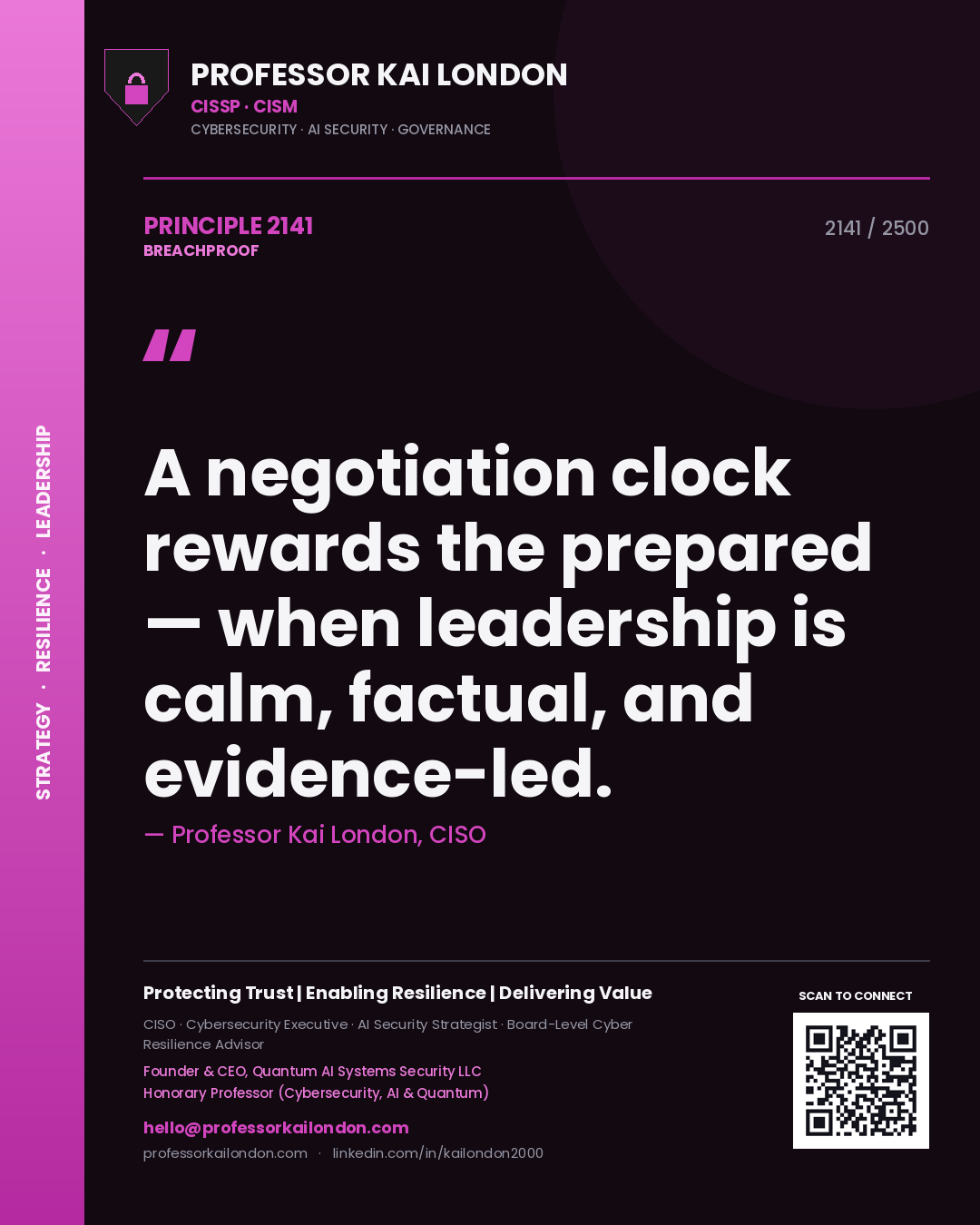 Professor Kai London principle 2141: A negotiation clock rewards the prepared — when leadership is calm, factual, and evidence-led.