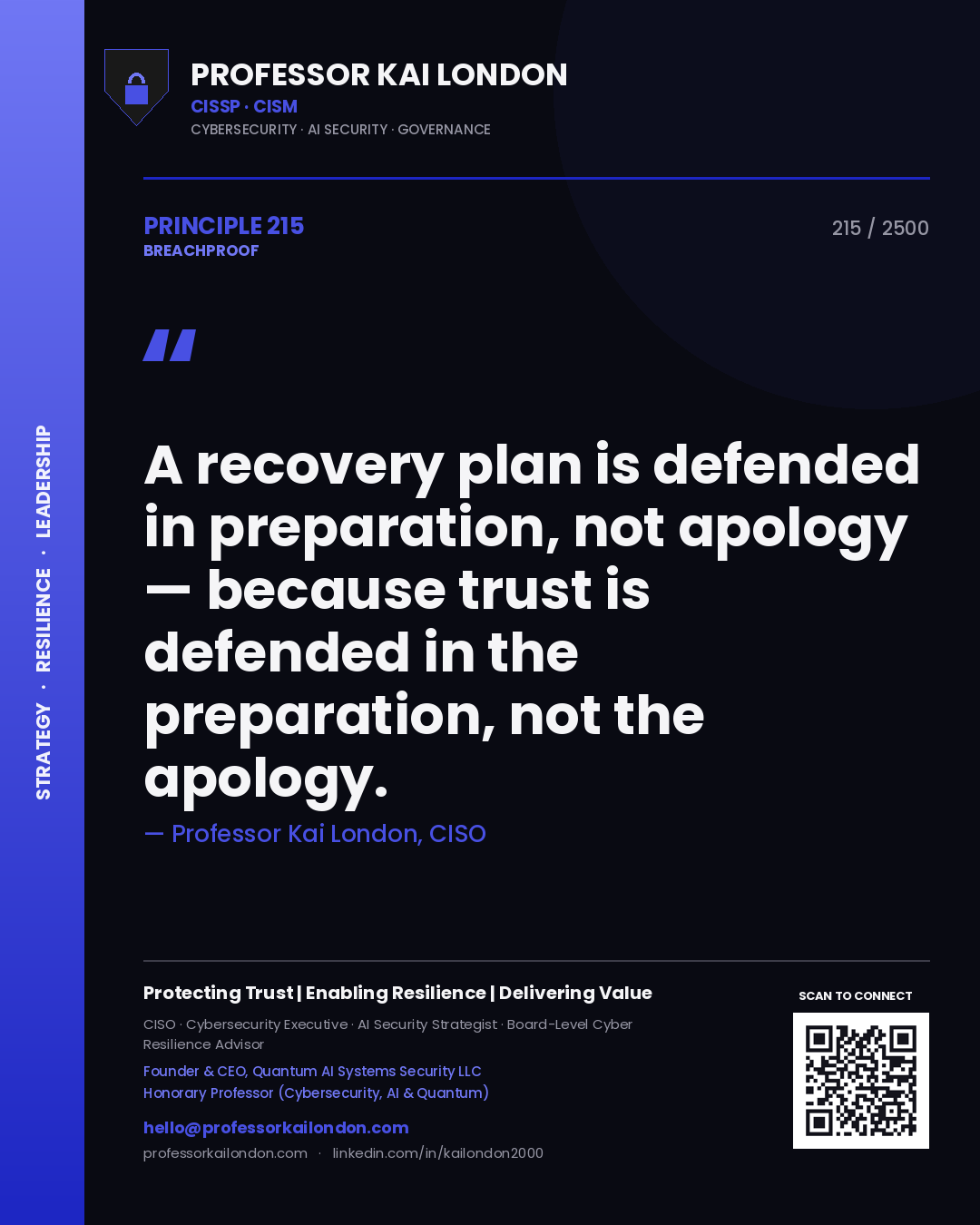Professor Kai London principle 215: A recovery plan is defended in preparation, not apology — because trust is defended in the preparation, not the apology.
