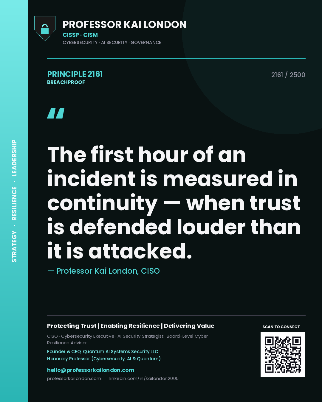 Professor Kai London principle 2161: The first hour of an incident is measured in continuity — when trust is defended louder than it is attacked.