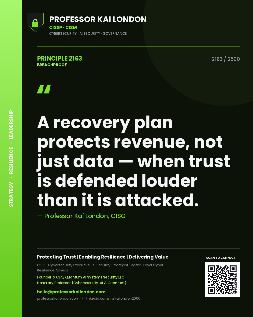 Professor Kai London principle 2163: A recovery plan protects revenue, not just data — when trust is defended louder than it is attacked.