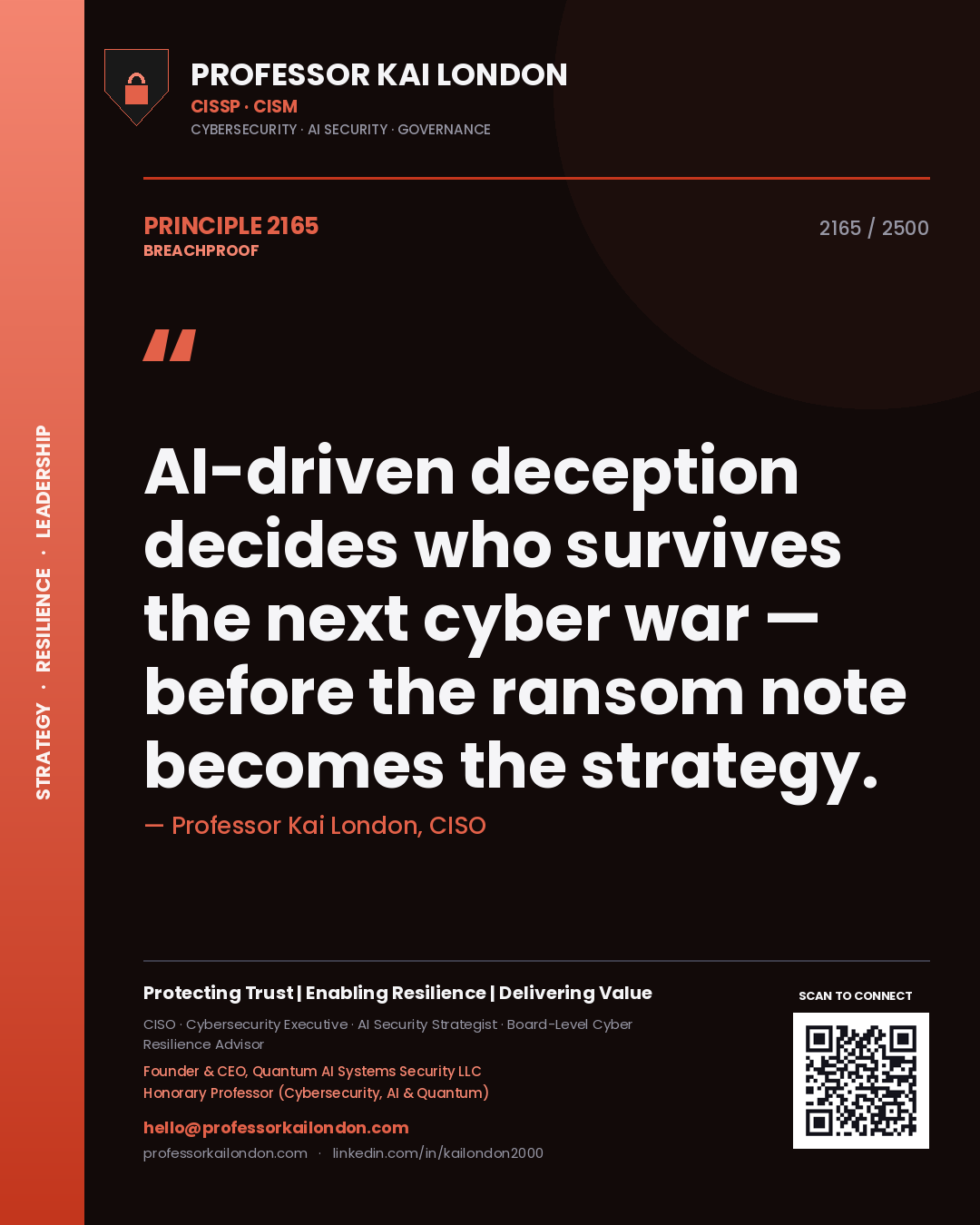 Professor Kai London principle 2165: AI-driven deception decides who survives the next cyber war — before the ransom note becomes the strategy.