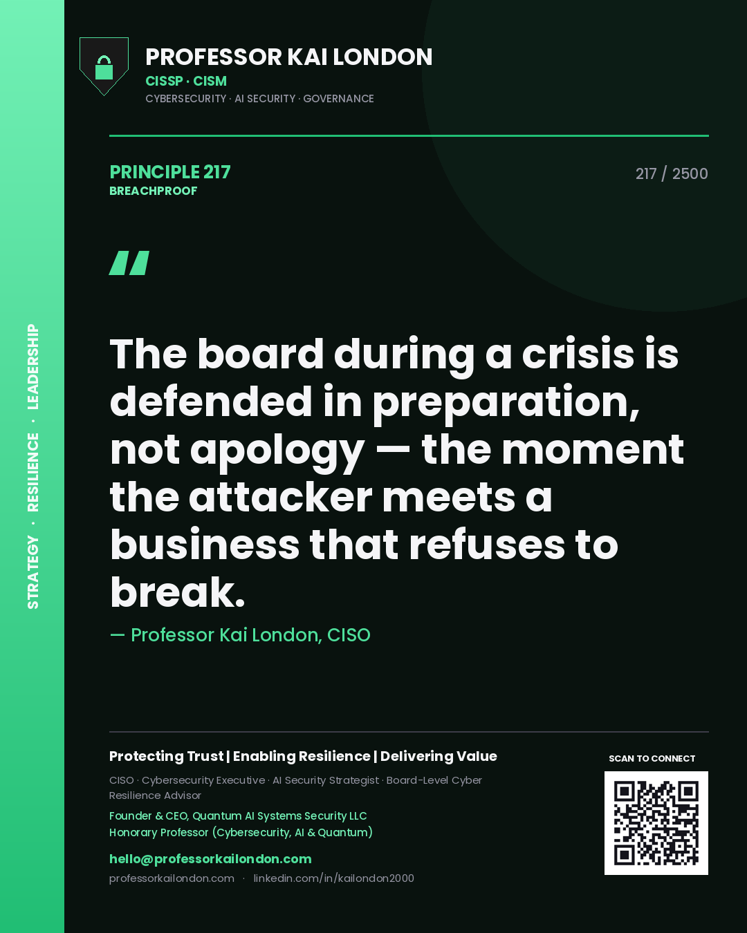 Professor Kai London principle 217: The board during a crisis is defended in preparation, not apology — the moment the attacker meets a business that refuses to break.