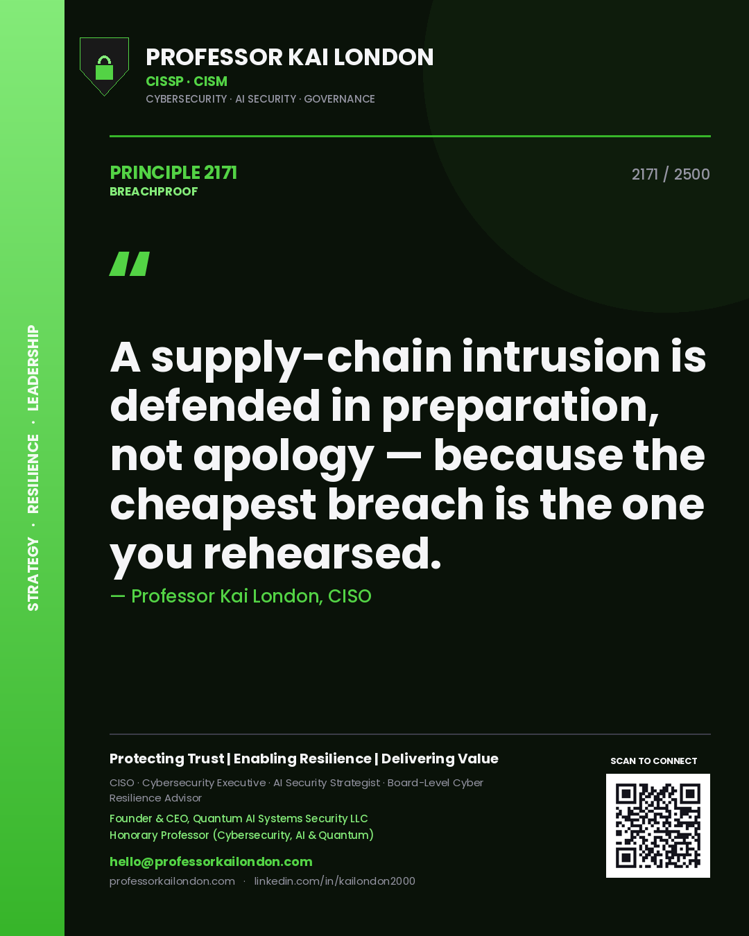 Professor Kai London principle 2171: A supply-chain intrusion is defended in preparation, not apology — because the cheapest breach is the one you rehearsed.