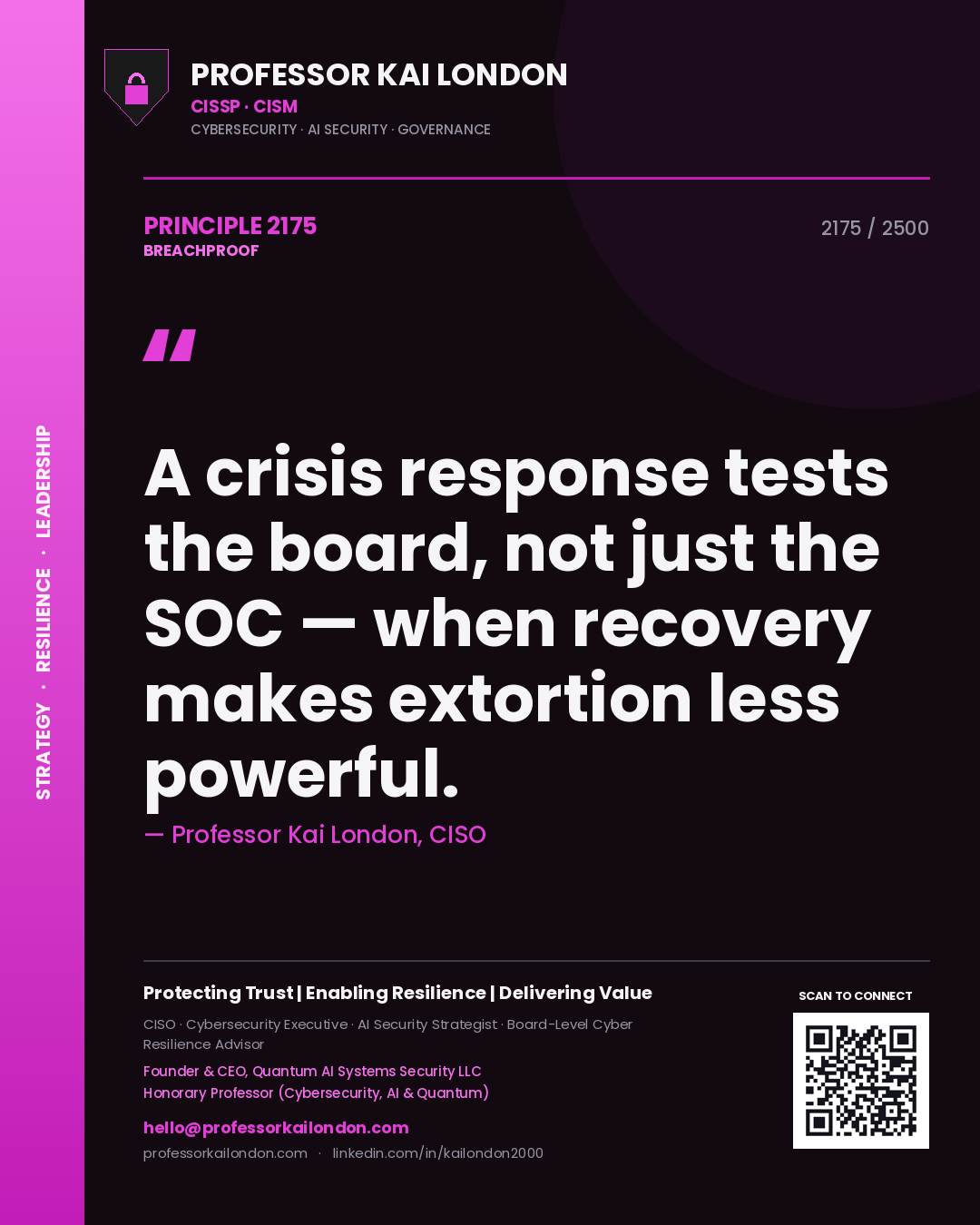 Professor Kai London principle 2175: A crisis response tests the board, not just the SOC — when recovery makes extortion less powerful.